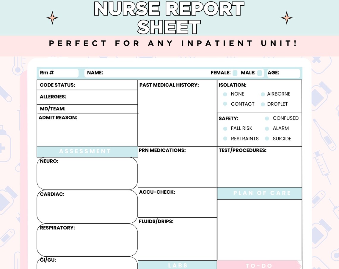Med Surg Nurse Report Sheet Template, Printable Nurse Brain, PCU, ICU, RN Report Sheet, Nurse ...
