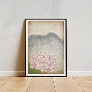 メジュゴリエ、十字架の山とアジサイ、ウォールアート、メジュゴリエのアートプリント、キリスト教のウォールアート、デジタルダウンロード