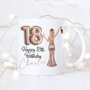 Personalised 18th Birthday Mug - Birthday Age Mug - Girls Eighteenth Birthday Gift - Rose Gold Dress - Daughter Sister Bestie Niece Mug