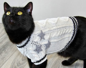 Hand Knitted Cat Sweater "Folklore", Taylor Cat Cardigan, Handmade Wool Cable Knit Jumper for Small Dog, Pet Clothes for Kitten or Puppy
