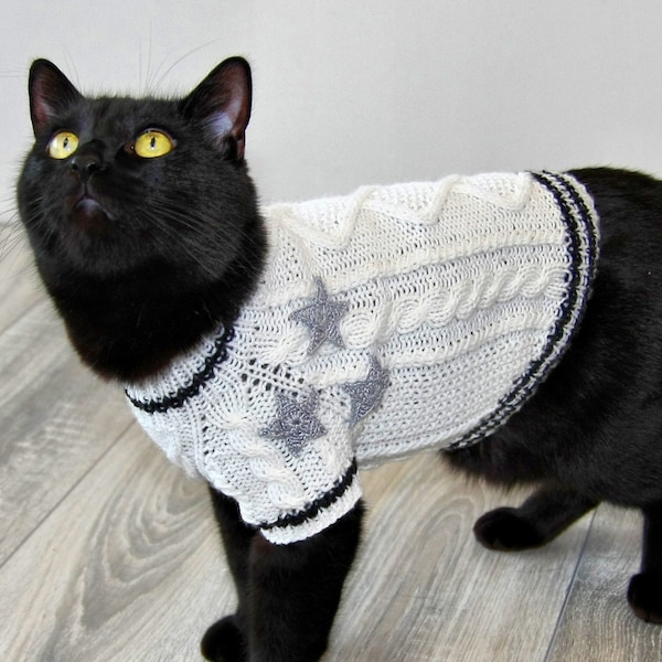 Hand Knitted Cat Sweater "Folklore", Taylor Cat Cardigan, Handmade Wool Cable Knit Jumper for Small Dog, Pet Clothes for Kitten or Puppy