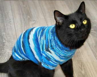Hand Knitted Cat Sweater "Waves", Handmade Blue Wool Jumper for Small Dog or Sphynx cat, Striped Pet Clothes for Kitten or Puppy