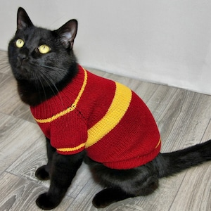 Hand Knitted House Cat Sweater, Wizard School Uniform Cotton Jumper for Small Dog, Potter Inspired Pet Clothes for Kitten or Puppy