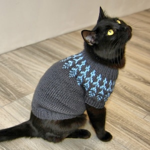Hand Knitted Cat Sweater Icelandic, Handmade Norwegian Wool Jumper for Small Dog or Sphynx cat, Jacquard Pet Clothes for Kitten or Puppy image 1