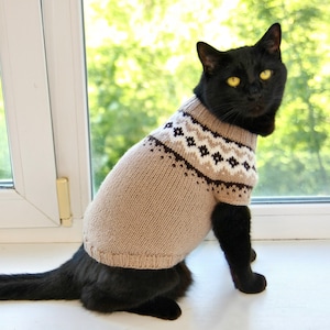 Hand Knitted Cat Sweater &quot;Norwegian&quot;, Handmade Icelandic Wool Jumper for Small Dog or Sphynx cat, Lopapeysa Pet Clothes for Kitten or Puppy