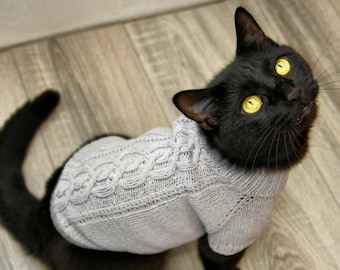 "Handgestrickter Katzenpullover ""Celtic Zopfmuster"" , Handgefertigter Baumwollpullover für Kleine Hunde, Sphynx Kleidung, Saxon Braid Haustierpullover für Kätzchen oder Welpen."