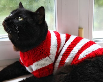 Hand Knitted Cat Sweater "Where is Kitty?", Handmade Striped Wool Jumper for Small Dog, Where is Waldo Inspired Pet Clothes for Kitten Puppy