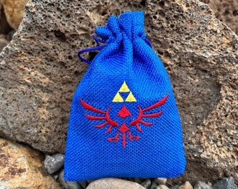 Hylian Shield Embroidered DnD Dice Bag, Zelda Inspired D&D Dice Pouch, TLOZ Royal Crest Embroidery, Dungeons and Dragons Geek Gift