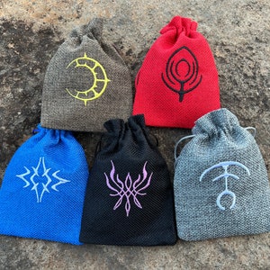 SET of 5 Fire Emblem Embroidered DnD Dice Bag, FE3H Inspired D&D Dice Pouch: Crest of Flames, Seiros, Reigan, Aubin Three Houses Gift