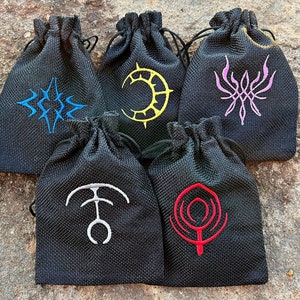 SET of 5 Fire Emblem Embroidered DnD Dice Bag, FE3H Inspired D&D Dice Pouch: Crest of Flames, Seiros, Reigan, Blaiddyd, Three Houses Gift