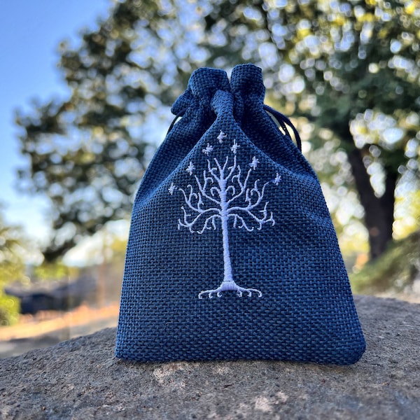 Tree of Gondor Embroidered DnD Dice Bag, Lord of Rings Inspired D&D Dice Pouch, LOTR Embroidery, Dungeons and Dragons Geek Gift