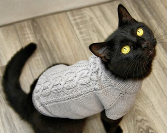 Pattern Knitted Cable Cat Sweater &quot;Celtic Cable&quot;, Printable PDF DIY Jumper for Small Dog or Sphynx cat, Pet Clothes for Kitten or Puppy