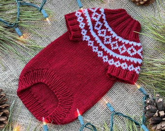 Hand Knitted Cat Sweater "Merry CatMas", Handmade Chrismas Cranberry White Norwegian Jumper for Small Dog, Pet Clothes for Kitten Puppy
