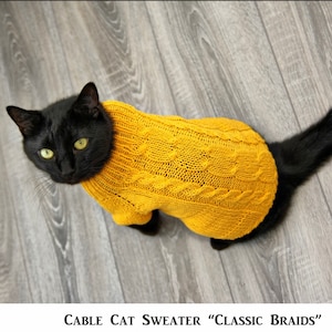 Pattern Knitted Cable Cat Sweater &quot;Classic Braids&quot;, Printable PDF DIY Jumper for Small Dog or Sphynx cat, Pet Clothes for Kitten or Puppy