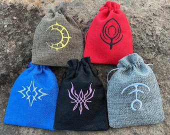 SET of 5 Fire Emblem Embroidered DnD Dice Bag, FE3H Inspired D&D Dice Pouch: Crest of Flames, Seiros, Reigan, Aubin Three Houses Gift