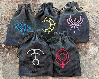 SET of 5 Fire Emblem Embroidered DnD Dice Bag, FE3H Inspired D&D Dice Pouch: Crest of Flames, Seiros, Reigan, Blaiddyd, Three Houses Gift