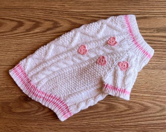 Hand Knitted Cat Sweater "Lover", Taylor Cat Cardigan, Handmade Pink Wool Cable Knit Jumper for Small Dog, Pet Clothes for Kitten or Puppy
