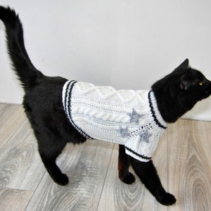 May include: A black cat wearing a white knitted sweater with grey star accents. The sweater has a black and white trim.