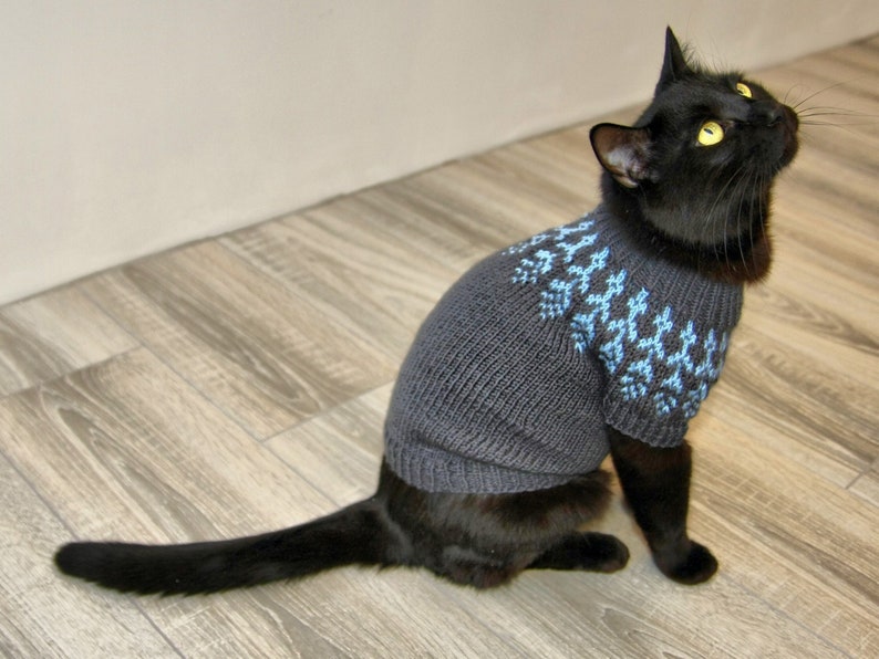 Hand Knitted Cat Sweater Icelandic, Handmade Norwegian Wool Jumper for Small Dog or Sphynx cat, Jacquard Pet Clothes for Kitten or Puppy image 1