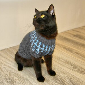 Hand Knitted Cat Sweater Icelandic, Handmade Norwegian Wool Jumper for Small Dog or Sphynx cat, Jacquard Pet Clothes for Kitten or Puppy Dark Gray/Light Blue