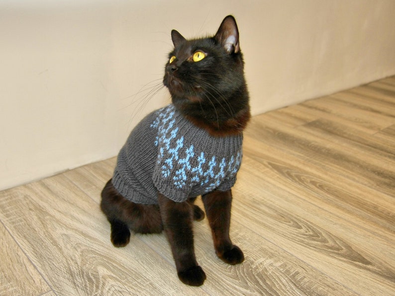 Hand Knitted Cat Sweater Icelandic, Handmade Norwegian Wool Jumper for Small Dog or Sphynx cat, Jacquard Pet Clothes for Kitten or Puppy Dark Gray/Light Blue