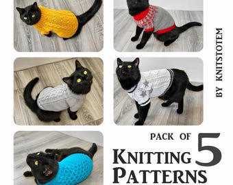 Paquete de 5 patrones de suéteres de punto Lopapeysa y cable para gatos, jersey DIY imprimible en PDF para perros pequeños o gatos Sphynx, ropa para mascotas para gatitos