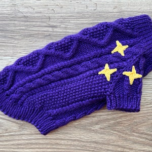 May include: Purple knitted dog sweater with yellow star appliques.