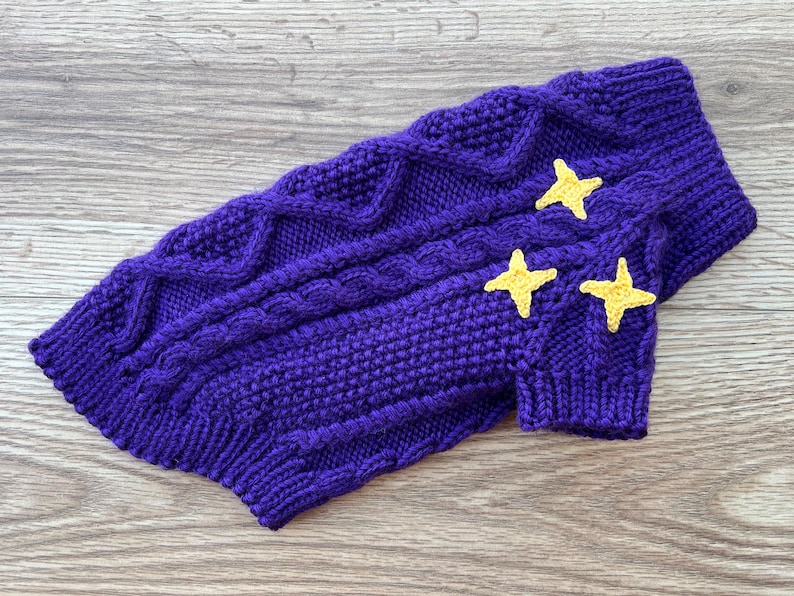 May include: Purple knitted dog sweater with yellow star appliques.