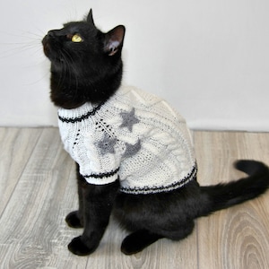 K&ouml;nnte beinhalten: Eine schwarze Katze tr&auml;gt einen wei&szlig;en Strickpullover mit grauen Stern-Akzenten. Der Pullover hat einen schwarzen Saum an Hals und Bund.