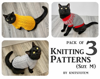 Pack of 3 Patterns Knitted Lopapeysa and Cable Cat Sweaters, Printable PDF DIY Jumper for Small Dog or Sphynx cat, Pet Clothes for Kitten