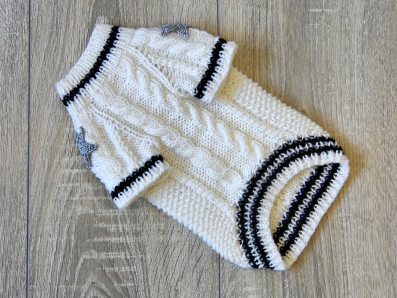 May include: White knitted dog sweater with black stripes and silver star embellishments.