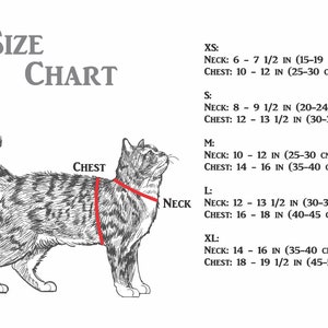 K&ouml;nnte beinhalten: Gr&ouml;&szlig;entabelle f&uuml;r Katzenkleidung mit einer Strichzeichnung einer Katze, die zeigt, wo Hals und Brust gemessen werden. Die Tabelle enth&auml;lt Ma&szlig;e in Zoll und Zentimetern f&uuml;r die Gr&ouml;&szlig;en XS, S, M, L und XL.