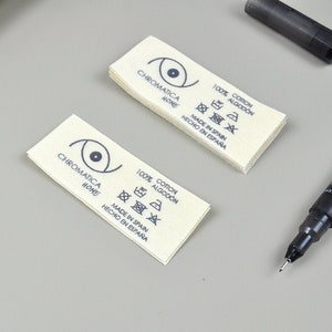 100 pezzi etichette per abbigliamento in tessuto fatte a mano con amore biologiche, personalizzate, con il tuo testo o logo, stampa naturale diretta a colori