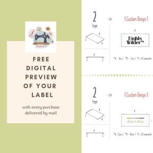instructions on how to order labels, with a diagram showing the available sizes and corresponding print areas. The text provides step-by-step guidance for selecting the width of a label and sending the design to the printer.