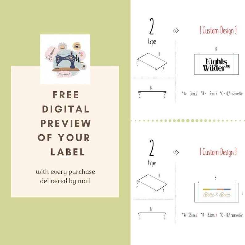 instructions on how to order labels, with a diagram showing the available sizes and corresponding print areas. The text provides step-by-step guidance for selecting the width of a label and sending the design to the printer.