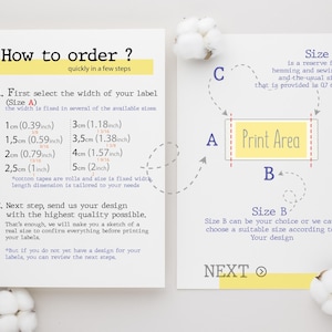 instructions on how to order labels, with a diagram showing the available sizes and corresponding print areas. The text provides step-by-step guidance for selecting the width of a label and sending the design to the printer.