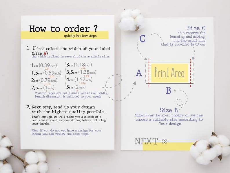 instructions on how to order labels, with a diagram showing the available sizes and corresponding print areas. The text provides step-by-step guidance for selecting the width of a label and sending the design to the printer.