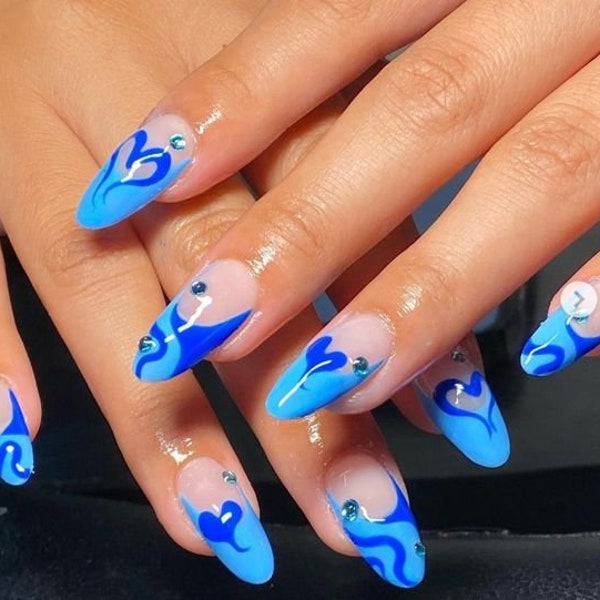 Like Blue Ocean Hearts Nail Art/ Orange Chrome Acrylic Nail/ Stiletto Nail/Handmade Press on Nails/Simple Nail/Trendy Popular Nail DM110