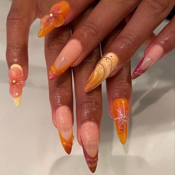 Orange Flower And Ombre Nail Art/ Short Medium Acrylic Nail/Pink Chrome Nail/Handmade Press on Nails/Simple Nail/Trendy Popular Nail DM65