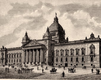 1898 Antique Original Lithograph - Architecture, Reichsgericht, Leipzig, German Supreme Court, Old graphic, Brockhaus, Print for framing