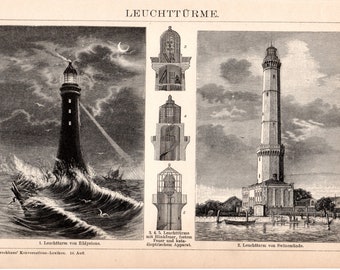 1898 Antique Original Lithograph - Architecture, Lighthouses, Eddystone, Swinoujscie Lighthouse, Old graphic, Brockhaus, Print for framing