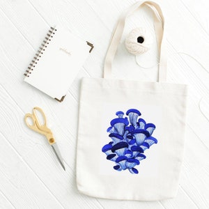 Mushroom Art Print Tote Bag / Cotone organico / Alimentari del mercato / Grafica dipinta a mano / Fungo ostrica indaco / Illustation botanica /