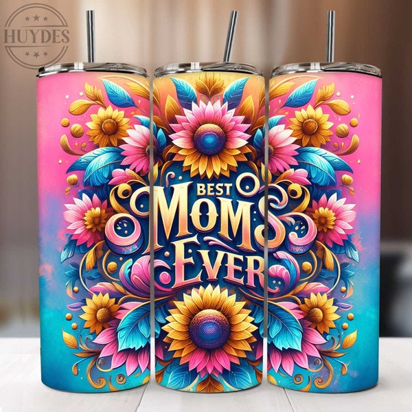 Sunflowers Best Moms Ever Tumbler Wrap, 20 oz Skinny Tumbler Sublimation Designs, Mom Leopard Mothers Day Tumbler Wrap PNG