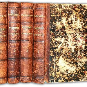 May include: A collection of antique books with brown leather covers. The spines display the title "Walter Scott" and "Więzienie w Edynburgu" with numbers 1 through 4. The right side of the books shows a distressed, patterned cover.