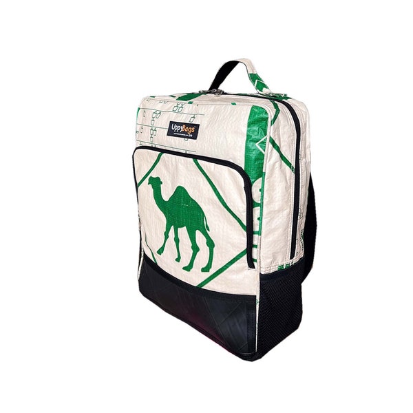 Recycled material backpack UK with green camel and car tire