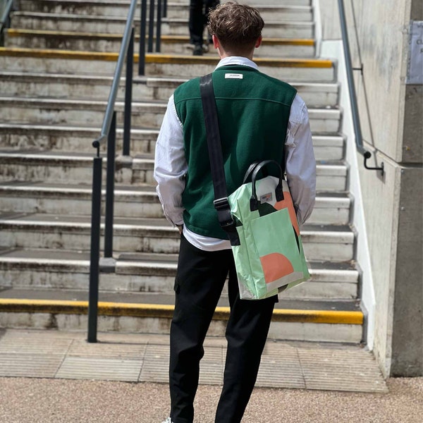 Carnaby st. collection. Bags made of building banner from Carnaby st in London, circular fashion bags UK. Every bag id different.