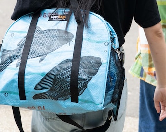 Recycled material versatile large duffel bag with pockets