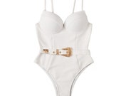 Sexy Push Up Underwire Swimwear Women Solid White Black Padded Buckle One Piece Swimsuit Beach Bathing Suit Bodysuit Monokini