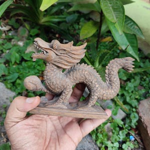 Mythical Dragon Wood Carving Sculpture - Handcrafted Home Decor