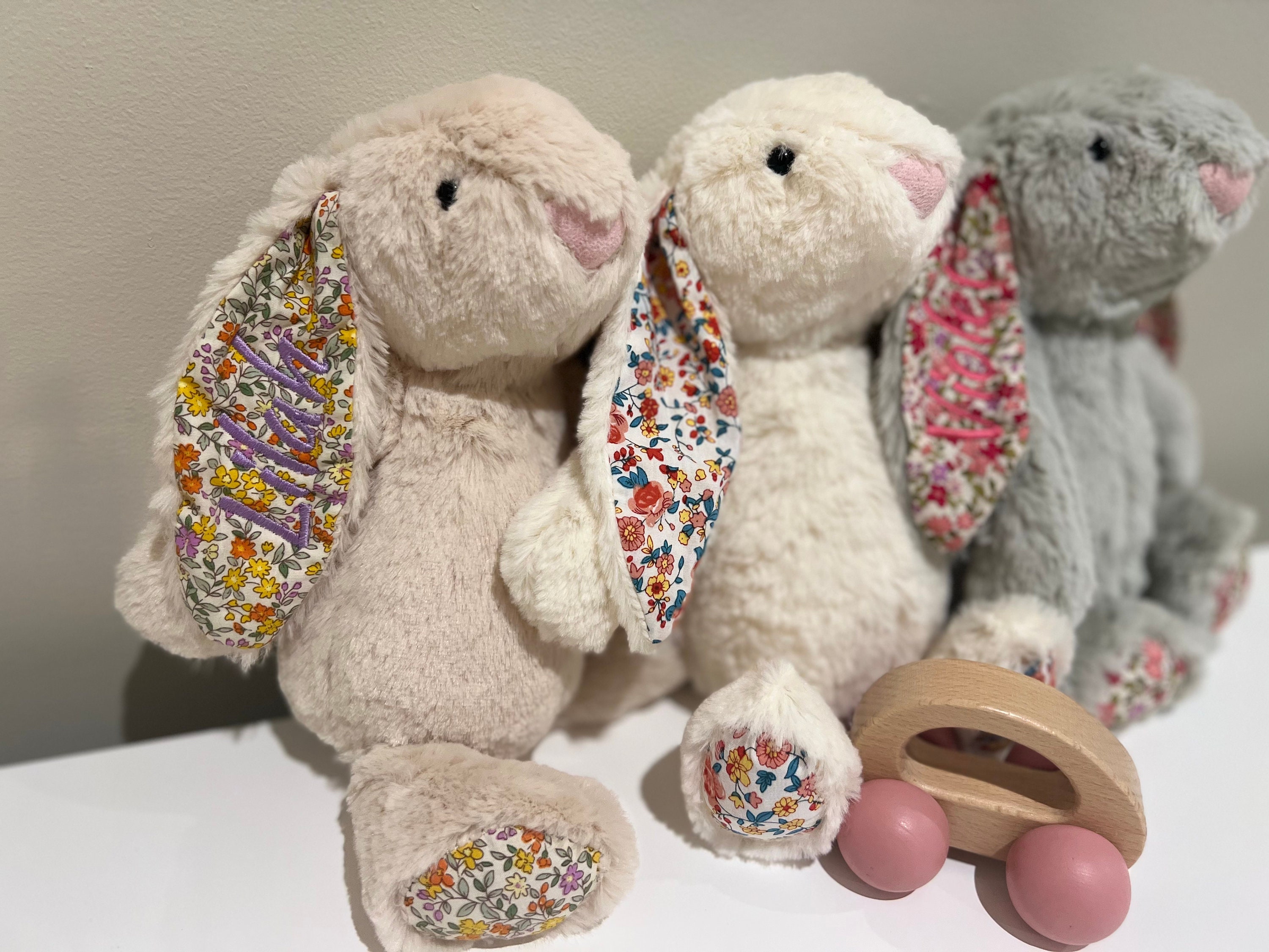 Personalised Plush Bunny Rabbits for children and babies. Floppy ear Rabbit for Easter or Birth. Customise text and colours. Embroidered ear